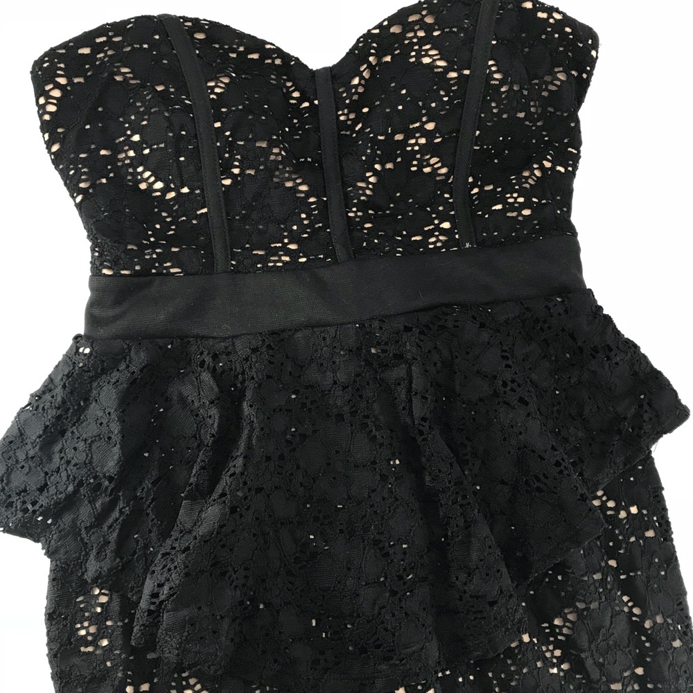 Strapless Black Lace Tan Lining Peplum Mini Dress